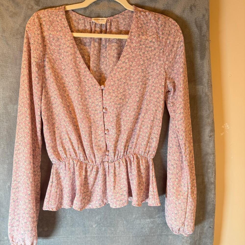Sienna Sky Pink Floral Peplum Blouse Medium V Neck Long Sleeve Cottagecore